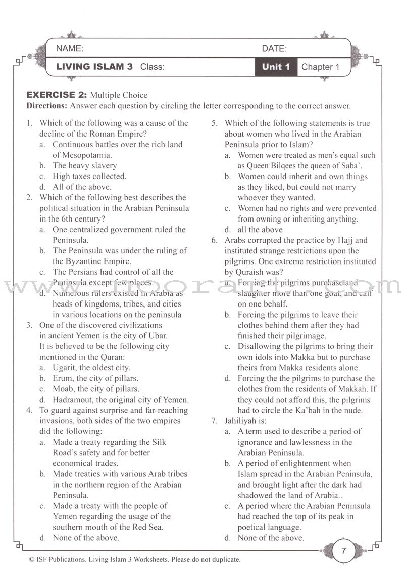 Living Islam Worksheets - Prophet of Mercy: Part 3 (10th Grade)