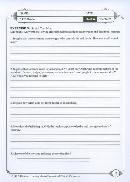 Learning Islam Workbook: Level 6 (12th Grade, Weekend/International Edition