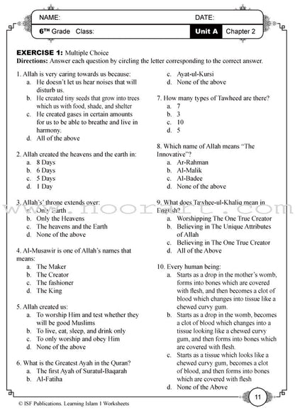 Learning Islam Worksheets: Level 1 (6th Grade)
