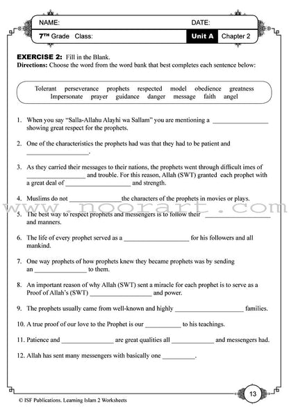 Learning Islam Worksheets: Level 2 (7th Grade)