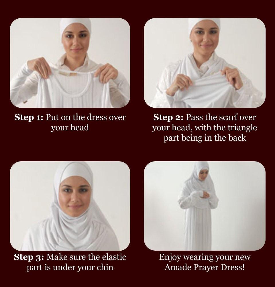 Amade Women's One-Piece Prayer Dress Navy Blue Abaya Gift Set - east-west-souk